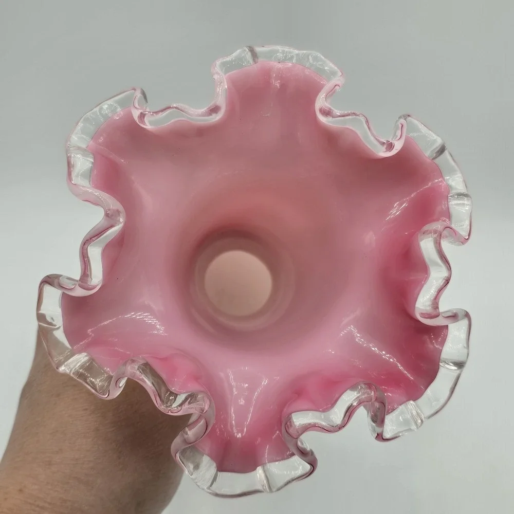 Fenton Peach Crest White And Pink Glass Double Ruffled Crimped 8